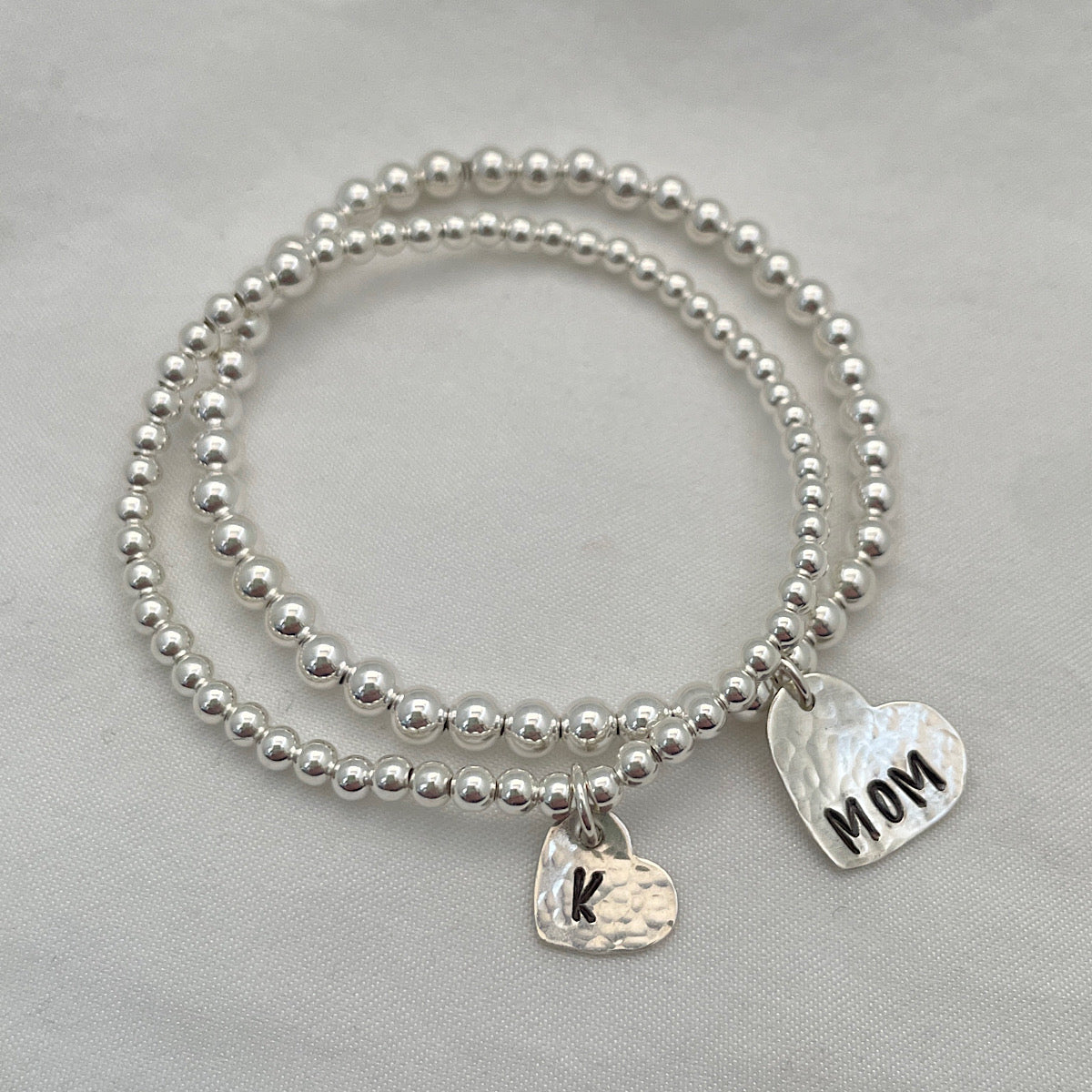 Heart Personalized Charm Bead Bracelet Sterling Silver