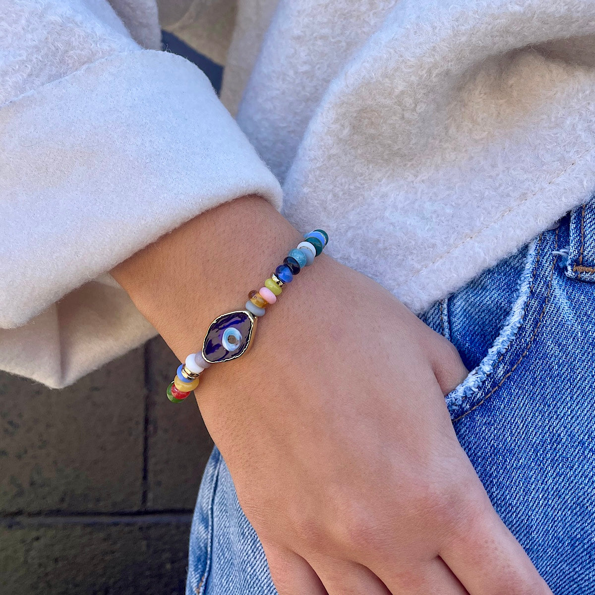 Good Vibes Evil Eye Glass Bead Bracelet