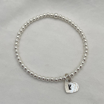 Mini Heart Initial Charm Bead Bracelet Sterling Silver