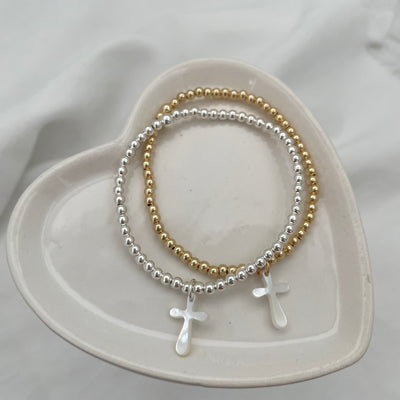 Mother of Pearl Dangling Cross Bead Bracelet Gold Fill