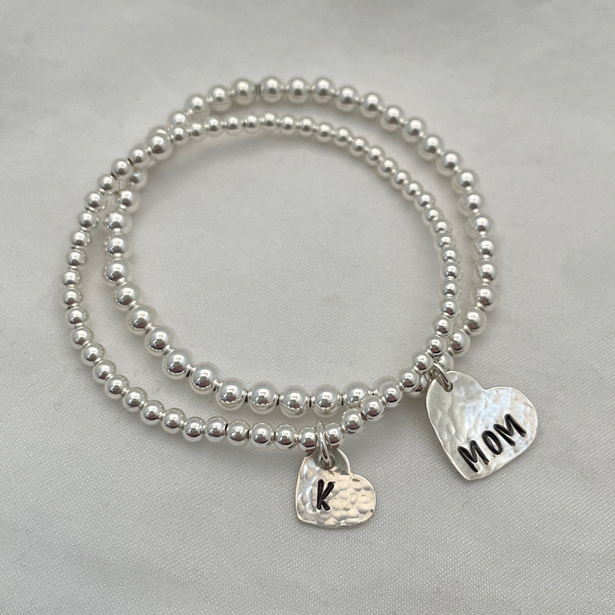 Mini Heart Initial Charm Bead Bracelet Sterling Silver