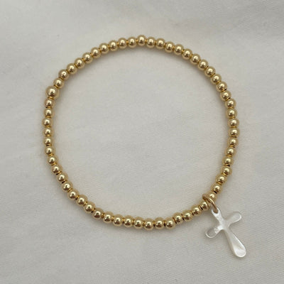 Mother of Pearl Dangling Cross Bead Bracelet Gold Fill