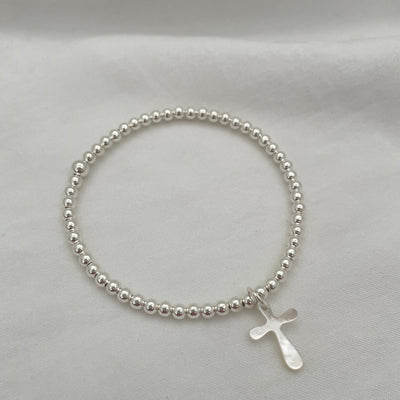 Mother of Pearl Dangling Cross Bead Bracelet Sterling Silver