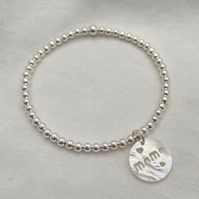 MAMA Mother of Pearl Charm Bead Bracelet Sterling Silver