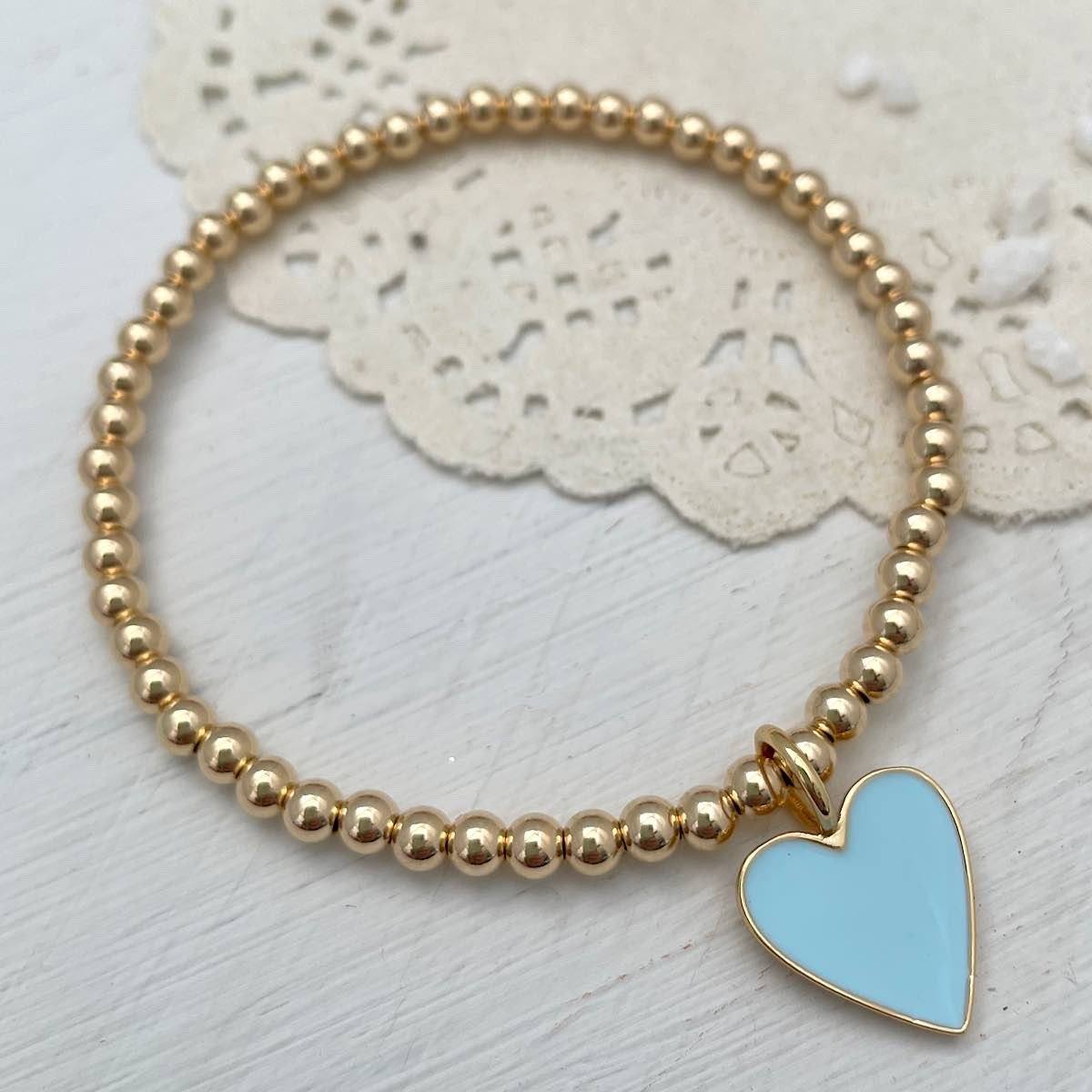 Baby Blue Enamel Heart Bead Bracelet Gold Fill