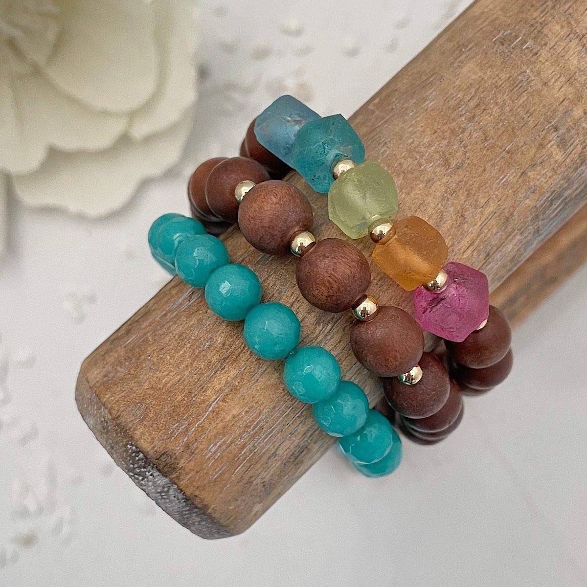 Rainbow Candy Boho Wood Bead Bracelet Set