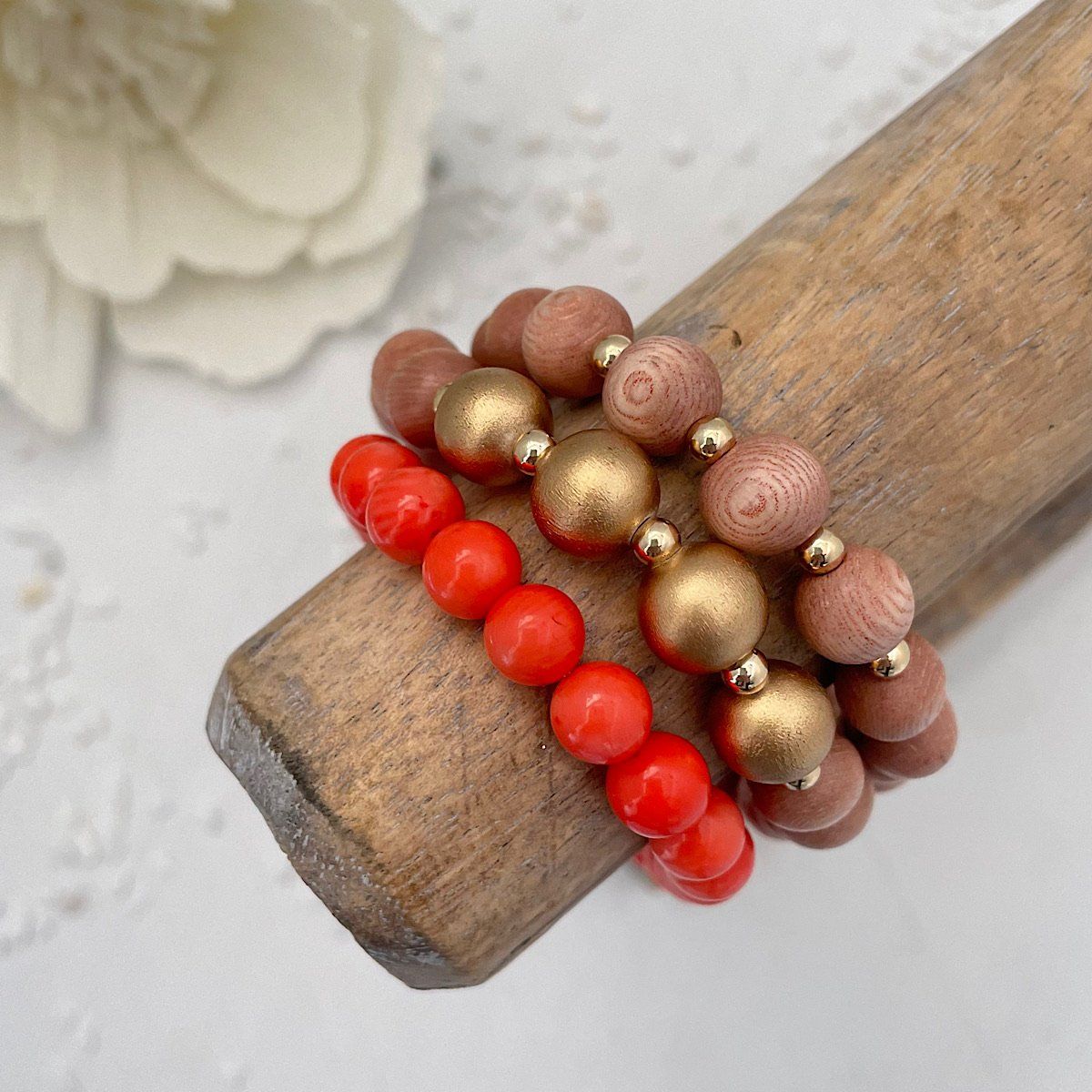 Coral Crush Boho Wood Bead Bracelet Set