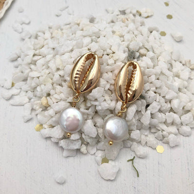 Cowrie Shell Coin Pearl Earrings