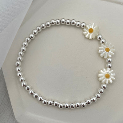 Daisy Flower Bead Bracelet Sterling Silver