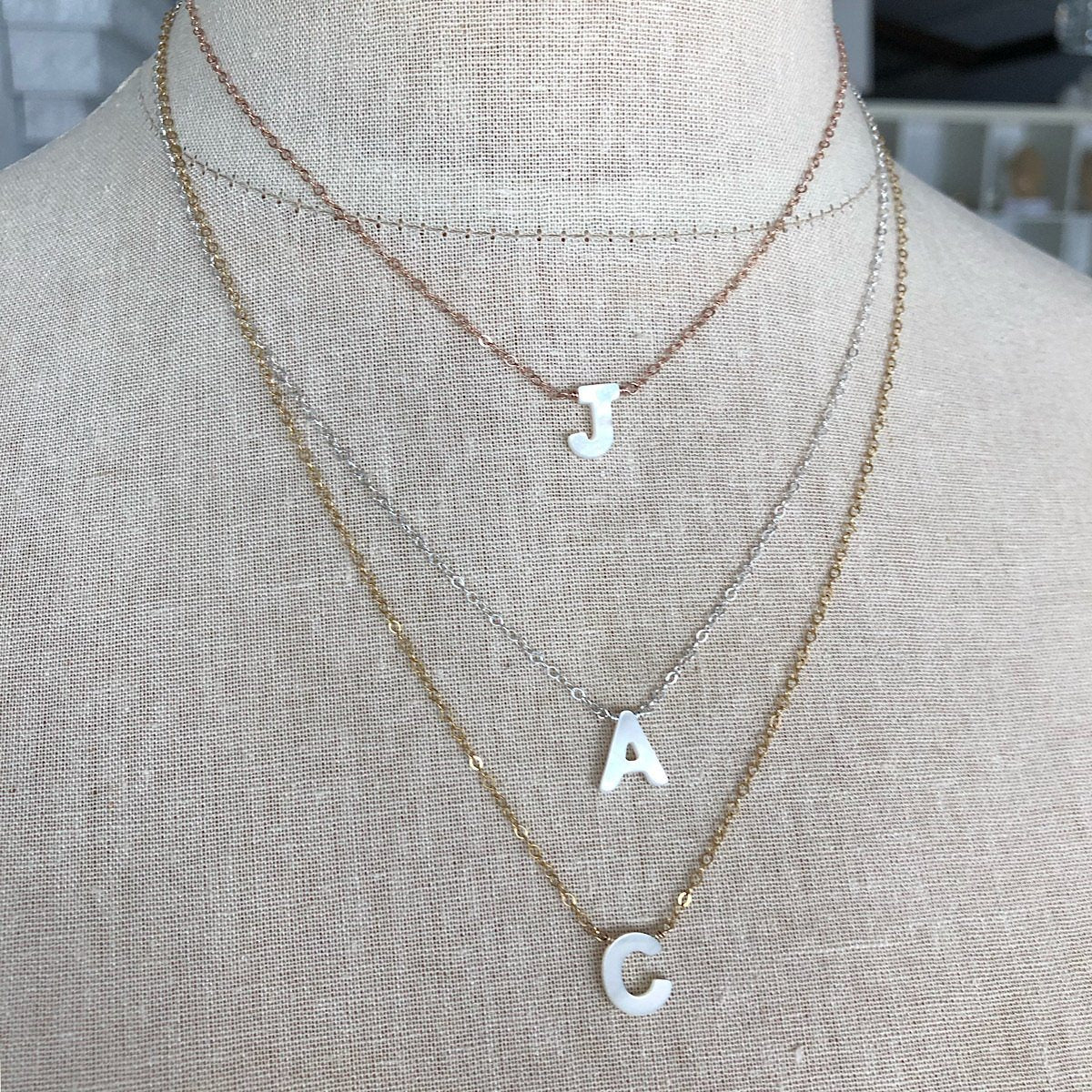 Mother-of-Pearl Gold Initial Pendant & Chain (Letter V)