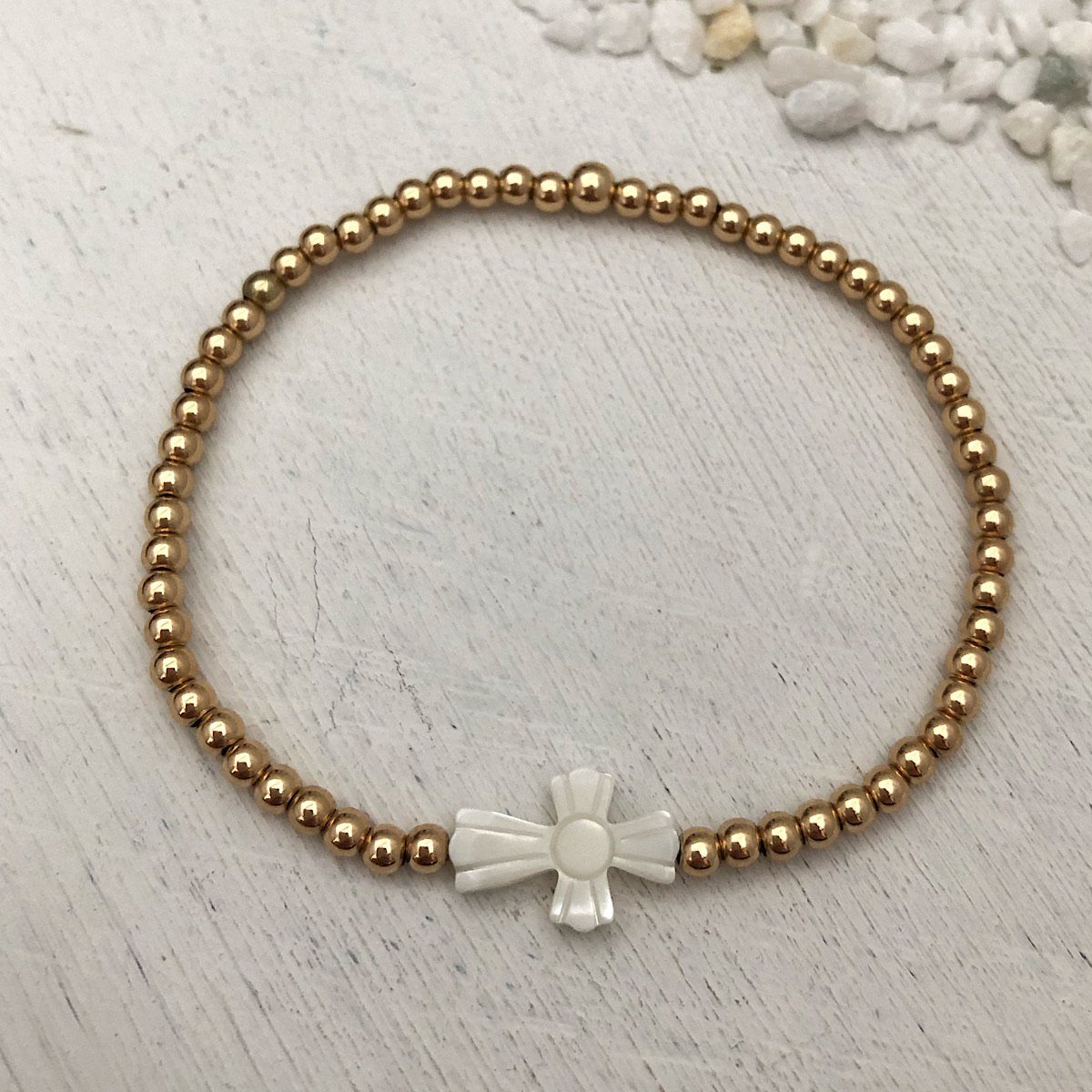 Mother of Pearl Cross Bead Bracelet Gold Fill